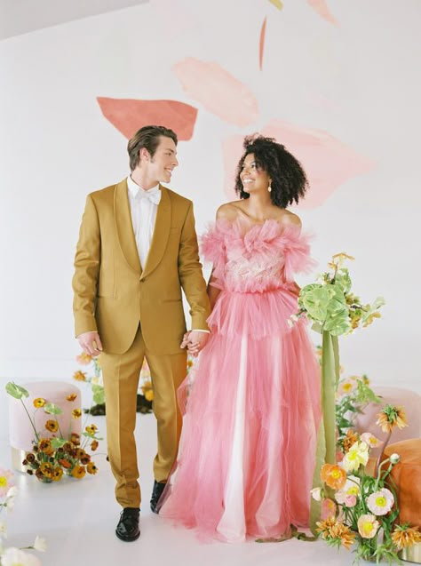 Colorful Wedding Groom, Wedding Dresses Pink, Color Wedding Dress, Funky Wedding, Modern Groom, Colourful Wedding, Eclectic Wedding, Unconventional Wedding, Alternative Wedding Dresses