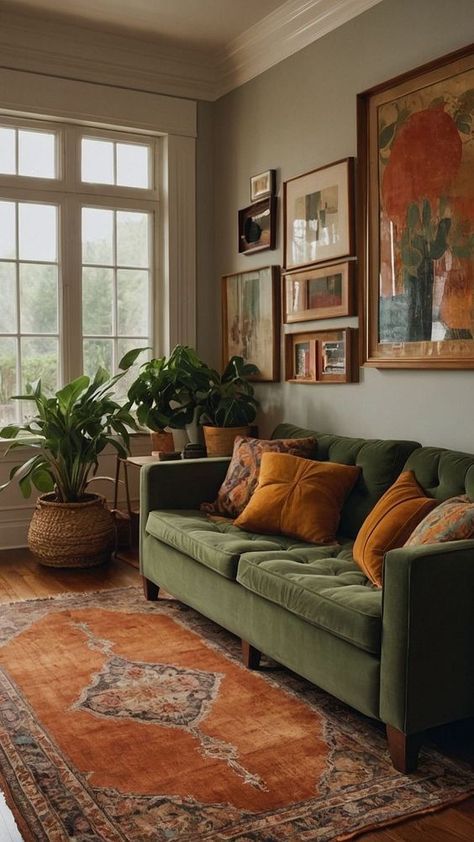 Colorful Green Living Room, Cognac Living Room Color Schemes, Green Couch Fall Decor, Living Room Decor Uk Interior Design, Green Brown House Decor, Brown Green Orange Living Room, Earthy Living Room Green Couch, Green Couch Apartment Living Room, Apartment Bedroom Color Schemes