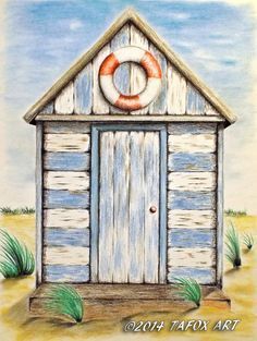 Hut Drawing, Cabin Painting, Beach Huts Art, Drawing Time, Beach Drawing, Seaside Art, Beach Cabin, Beach Huts, Soyut Sanat Tabloları