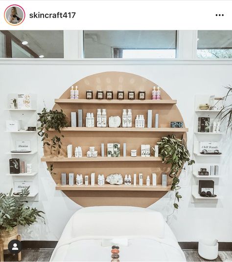 Esthetician Shelf Decor, Spa Shelves Decor, Beauty Salon Wall Divider, Boho Spa Interior Design, Medspa Shelves, Free Standing Shampoo Bowl, Floating Shelves Salon Retail, Spa Sink Ideas, Floating Shelves Retail Display