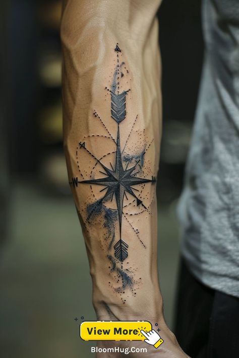 This leg tattoo features an arrow and compass, symbolizing direction, exploration, and guidance. The detailed design makes it perfect for men with a love for travel and adventure. Men’s Compass Tattoo, Cross Compass Tattoo, Arrow And Compass Tattoo, Leg Tattoo Ideas For Men, Tattoo For Men Ideas, Mens Arrow Tattoo, Geometric Compass Tattoo, Arrow Compass Tattoo, Compass Tattoo Men