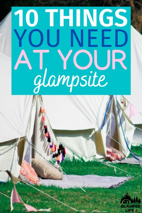 Boho Camping Tent, Glamp Site Ideas, Glamping Campsite Ideas, Glamping Tents Ideas, Glam Tent Camping, Tent Camping Must Haves Glamping, Bell Tent Glamping Ideas, Romantic Tent Camping Ideas, Decorated Tents Camping