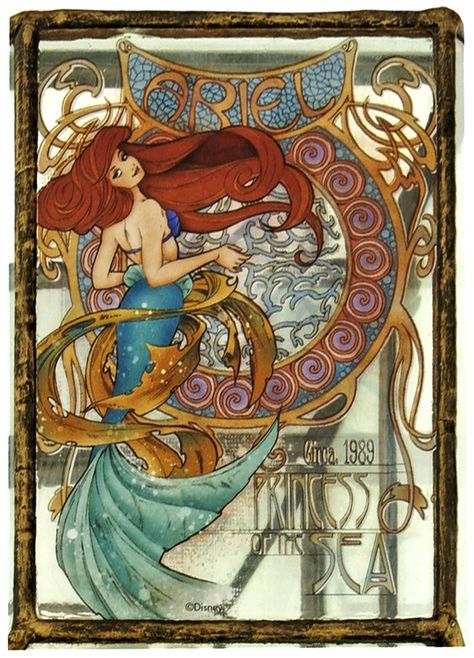 "Ariel: Princess of the Sea" Disney Princesses in Art Nouveau style. (Jasmine and Aurora at the source are good too, although I strongly suspect Jasmine would have been labeled "Oriental Princess" at the time Art Nouveau was en vogue.) Art Nouveau Disney, Fan Art Disney, Alfons Mucha, Images Disney, Disney Fanart, Film Disney, Pinturas Disney, Art Disney, Disney Princess Art