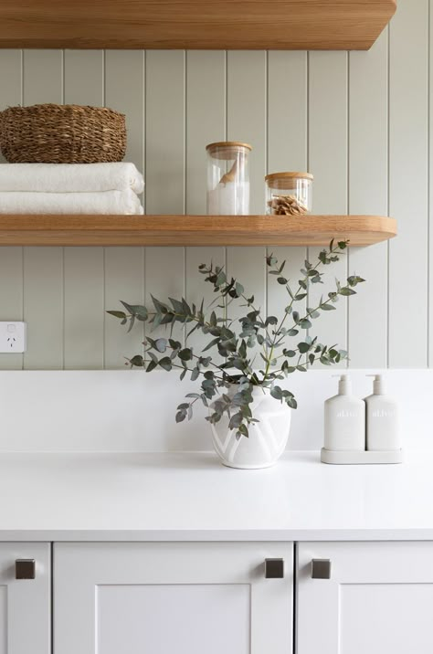 Coastal Laundry Room, Laundry Shelves, Green Laundry, Timber Shelves, Mudroom Laundry Room, Laundry Design, Laundry Room Inspiration, Laundry Decor, Diy Laundry