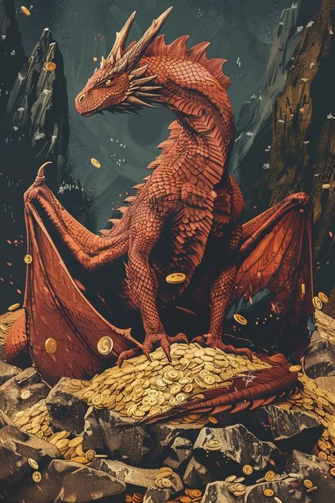 Midjourney AI Image: dragon on a pile of gold, vintage poster style, detailed background elements, retro color palette, h... → more in ai-img-gen.com Pile Of Gold Coins, Cosmic Art Universe, Detailed Background, Symbol Of Wealth, Background Elements, Retro Color Palette, Creatures Art, Cosmic Art, Fantasy Pictures