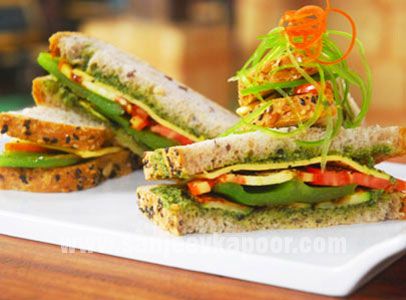 How to make Pesto Sandwich with Grilled Vegetables, recipe by MasterChef Sanjeev Kapoor Healthy Vegan Pasta, Homemade Basil Pesto, Paneer Sandwich, Make Pesto, Healthy Appetizers Easy, Pesto Sandwich, Crispy Bread, Vegetable Slice, Brownie Recipes Healthy