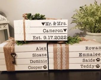 Modern Bookshelf Decor, Grandparent Birthday Gift, Stamped Books, Literary Wedding, Farmhouse Books, Modern Bookshelf, Modern Shelf, Books For Moms, Shelf Table