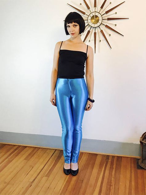 Spandex Disco Pants, Le Gambi Pants, Vintage 70s Aqua Blue Disco Jeans, Skin Tight, Shiny Cigarette Pant, Super Hight Waisted, Roller Boogie Disco Pants Outfit, 60s Pants, Blue Pants Outfit, Spandex Outfits, Below The Knee Dress, Below The Knee Dresses, Disco Fashion, Outfits 70s, Disco Pants