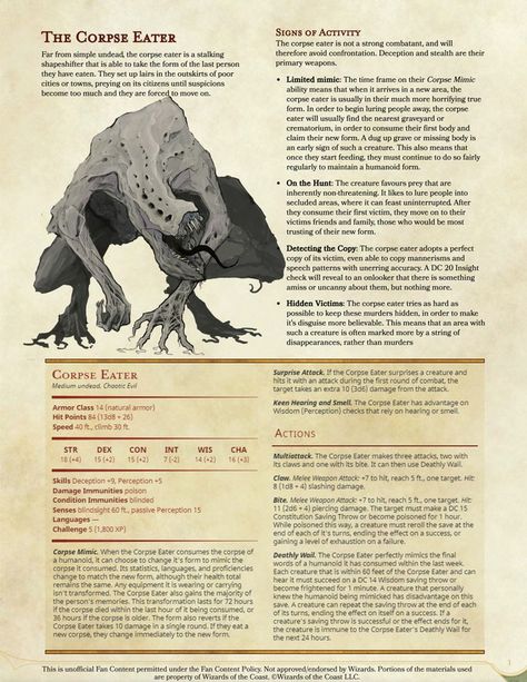 Dnd 5e Low Level Monsters, Corpse Eater Dnd, Dnd Mutated Monsters, Abyssal Creatures Dnd, Spooky Dnd Monsters, D&d Monster Stats, Undead Creatures Dnd, Cool Dnd Monsters, Dnd Creatures Art