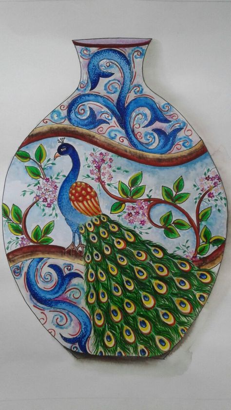 Free hand painting  #painting # pot # beautiful # peacock # artistic # art Peacock Pot Painting, Water Pot Painting Ideas, Flower Pot Drawing With Colour, Flower Pot Design Drawing, Pot Designs Painted Indian, Pot Painting Ideas Creative Indian, Peacock Drawing With Colour, Flower Pot Drawing, Intermediate Drawing