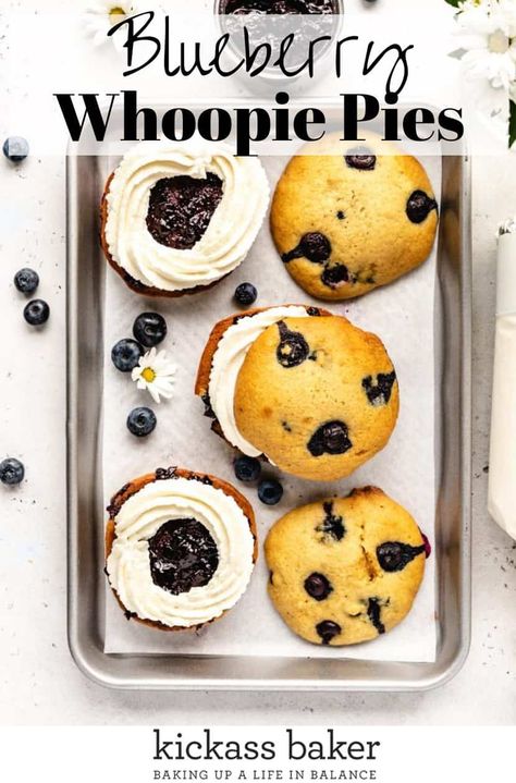 Blueberry Whoopie Pies | kickassbaker.com #whoopiepies #amish #blueberry #easydessert #easyrecipe #summerrecipe #whippedcream Blueberry Whoopie Pies, Blueberry Festival, Whoopie Pie Filling, Sunday Baking, Get Ex Back, Whoopie Pie Recipe, Decorating Hacks, Whoopie Pie, Blueberry Desserts