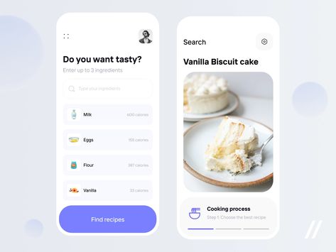 Recipe Generator Mobile IOS App by Purrweb UI/UX Agency on Dribbble Relaxing Color Schemes, Vanilla Biscuits, Ios App Design, Recipe Generator, Biscuit Cake, Types Of Cakes, Recipe Steps, Colorful Cakes, Find Recipes