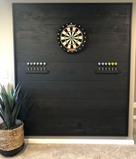 Man Cave Dart Board Ideas, Cork Wall For Dart Board, Back Board For Dart Board, Home Dart Board Ideas, Dart Boards Wall, Dart Board Set Up Ideas, Indoor Dart Board Ideas, Farmhouse Basement Living Room, Garage Dart Board Ideas