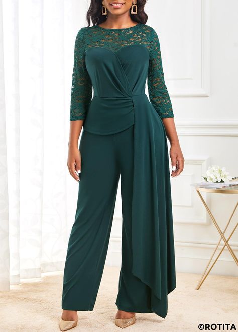 ROTITA 3/4 Sleeve Blackish Green Lace Stitching Jumpsuit | Rotita.com - USD $27.98 Mother Of The Bride Jumpsuit, Boat Neck Jumpsuit, Bride Jumpsuit, Mother Of The Bride Suits, Wedding Jumpsuit, Trendy Dress Outfits, Mob Dresses, Designer Jumpsuits, Green Jumpsuit