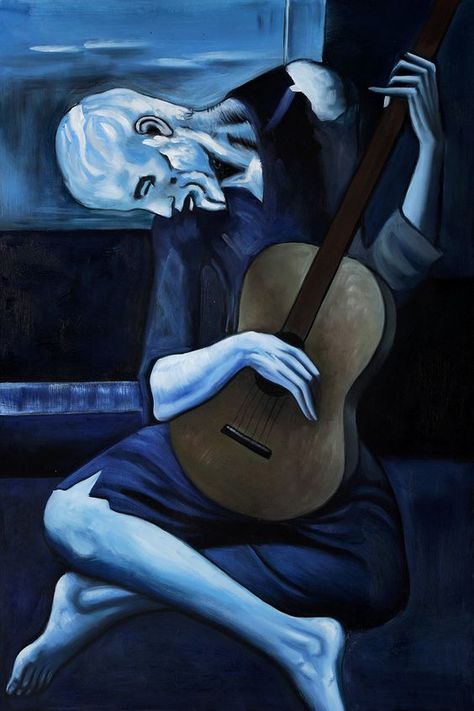 Pablo Picasso, The Old Guitarist, oil paint,  4′ 0″ x 2′ 9″, 1903-1904 The Old Guitarist, Man With A Guitar, Pablo Picasso Artwork, Famous Art Paintings, Arte Jazz, Picasso Artwork, Picasso Portraits, Pablo Picasso Art, Art Picasso