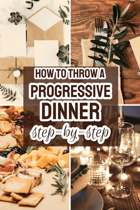 How To Plan A Progressive Dinner Party Step By Step - this neighborhood party idea or family themed party is a fun way to have different party hosts. Here's how to set up a strolling supper (progressive cocktail parties) step by step with fun party theme ideas too! #walkingsupper #strollingdinner #progressiveparty #dinnerpartyideas #dinnerpartythemes #adultpartytheme Progressive Dinner Themes, Supper Club Theme, Party Dinner Ideas, Dinner Hosting Ideas, Progressive Dinner Party, Potluck Dinner Party, Dinner Party Planning, Neighborhood Party, Dinner Party Table Settings