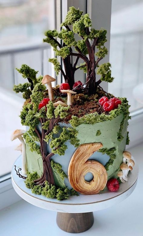 Birthday Cake Forest Theme, Forest Cake Birthday, Birthday Cake Forest, Nature Themed Cake, Forest Cake Ideas, Wensday Cake, Blue And Green Cake, Forest Theme Cake, Forest Birthday Cake