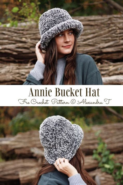 Fluffy Annie Bucket Hat Free Crochet Patterns Fluffy Winter Hat, Wool Hat Pattern, Nanny Fran, Crochet Hats Free Pattern Ladies, Hat Free Crochet Pattern, Crochet Adult Hat, Crochet Hat With Brim, Bucket Hat Pattern, Crochet Winter Hats