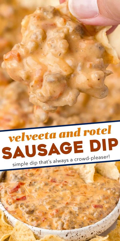 Sausage And Velveeta Dip, Rotel Cheese Dip Velveeta, Sausage Queso Dip Crock Pot, Velveeta Sausage Rotel Dip Crock Pot, Sausage Dip Crockpot, Sausage Cheese Rotel Dip, Crockpot Appetizers For Party, Sausage Velveeta Cheese Dip, Dip With Rotel