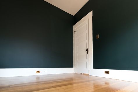 One Room Challenge Week 2 - It's All About That Paint — The Gold Hive Behr Dark Everglade Paint Color, Dark Everglade Behr, Knight Bedroom, Den Guest Room, Picture Rail Molding, Blue Velvet Couch, Dark Green Walls, Gallon Of Paint, Behr Paint