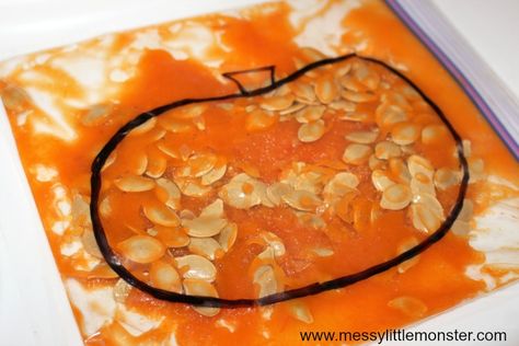 Pumpkin Guts Sensory Bin, Pumpkin Sensory For Infants, Pumpkin Ziploc Bag Painting, 5 Senses Pumpkin Activity, Autumn Sensory Bags, Edible Halloween Sensory Bin, November Baby Activities, Pumpkin Sensory Bags, Pumpkin Sensory Bin For Toddlers