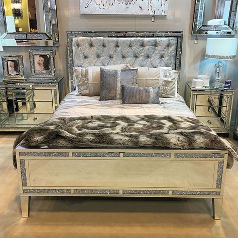 Dresser Stool, Diamond Bedroom, Crushed Velvet Bed, Glam Bedroom Decor, Bed Picture, Designer Bed, Crushed Diamonds, Luxury Closets Design, Tall Boy