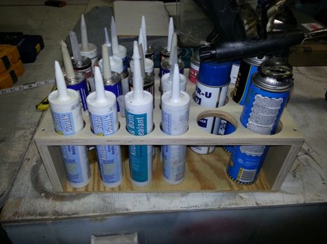 caulking tube rack - Google Search Paint Rack, Paint Organization, Painting Station, Power Tool Organizer, Shed Organization, Garage Storage Solutions, Tool Storage Diy, Workshop Organization, Cordless Power Tools