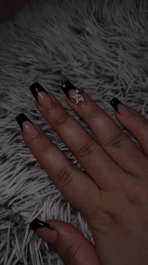 Nails With Star Charms, Black French Tip Nails With Charms, Black French Tips With Cross Charms, Black French Tip Nails Square With Charms, Black Acrylic Nails Charms, Black Acrylic Nails With Cross Charm, Black French Tip Nails, Black French Tip, Black French Tips