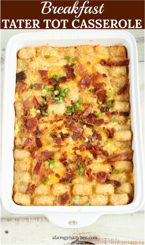 Easy to make Breakfast Tater Tot Casserole is quick, easy, and uses only a few simple ingredients for a one pot dish perfect for breakfast and brunch.  #breakfastrecipes #brunchrecipes #casserole #tatertots #easyrecipe Tatertot Egg Casserole Recipe, Tot Casserole Breakfast, Brunch Makeahead, Breakfast Tater Tot Casserole, Tator Tot Breakfast, Bacon Breakfast Casserole, Tot Recipes, Tot Breakfast Casserole, Tater Tot Breakfast Casserole