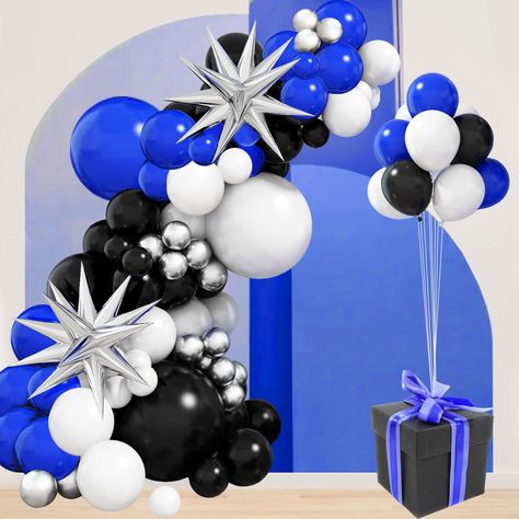 PRICES MAY VARY. ✨ Blue White and Black Balloon Garland Arch Kit - 81Pcs Royal Blue White Black Party Balloons Set including: 2pcs large silver explosive star foil balloons, royal blue latex balloons (1pc 18inch+14pcs 10inch+5pcs 5inch), white balloons (1pc 18inch+14pcs 10inch+5pcs 5inch), black balloons (1pcs 18inch+14pcs 10inch+5pcs 5inch), 14pcs 5inch metallic silver balloons, 16ft stripe tape and 60 glue dots. 🎈 High Quality Balloons - Our balloon arch kit blue birthday decorations balloons Blue Black White Balloon Arch, Black White Balloon Garland, Softball Banquet, Gaming Birthday Party, White Balloon Garland, Black And White Balloons, Gaming Birthday, Silver Balloons, Christening Decorations