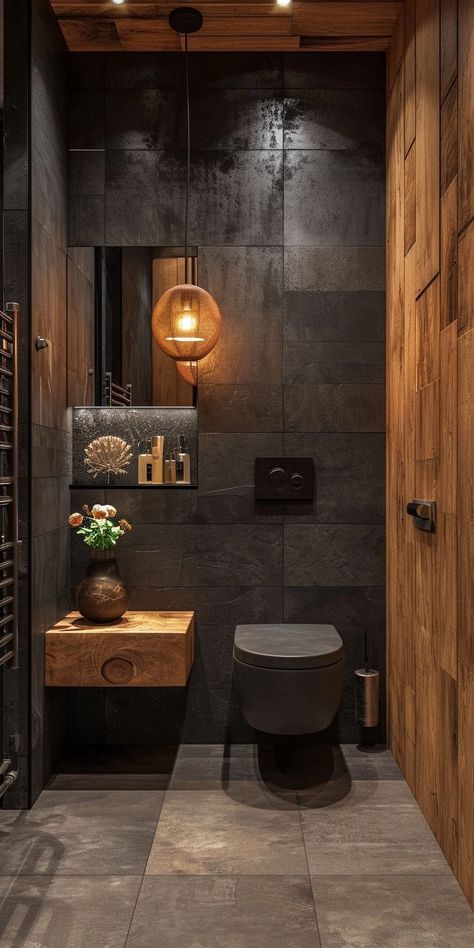 Wc Decoration, Dark Bathroom Ideas, Masculine Bathroom, Toilette Design, Bathroom Design Black, Dark Bathrooms, Bathroom Decorating Ideas, Bathroom Decor Luxury, Bathroom Redesign