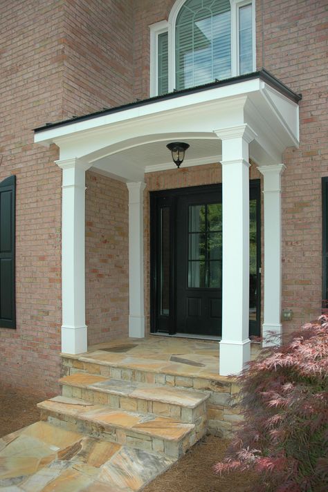 Metal shed roof portico designed and built by Georgia Front Porch. Porch Roof Design, Metal Shed Roof, Porch Overhang, Front Door Awning, Front Porch Addition, Door Overhang, Portico Design, Porch Awning, House Lift