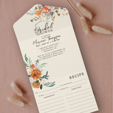 Elegant Orange Floral Bridal Shower & Recipe  All In One Invitation Diy Bridal Shower Invitations, Fall Bridal Shower Ideas, Bridal Shower Invitations Diy, Fall Bridal Shower Invites, Bridal Shower Recipe, Summer Bridal Showers, Bridal Luncheon, Fall Bridal Shower, Bridal Shower Food