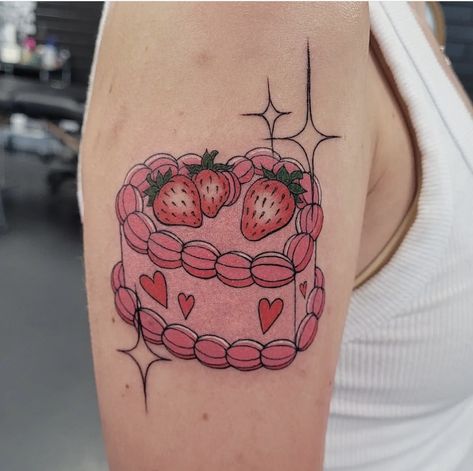 Fun Girly Tattoos, Lovecore Tattoo, Strawberry Shortcake Tattoos, Carrot Cake Tattoo, Cute Pink Tattoos, Sweet Tooth Tattoo, Sweets Tattoo, Strawberry Milk Tattoo, Cute Cake Tattoo