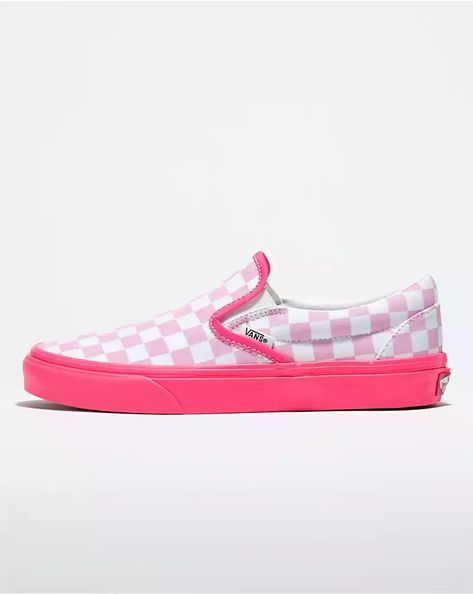 Customs Neon Pink Checkerboard Slip-On Wide | Vans (US) Danielle Victoria, Pink Checkerboard, Vans Surf, Custom Vans Shoes, Vans Store, Pink Vans, Pretty Shoes Sneakers, Van Doren, Jane Clothing