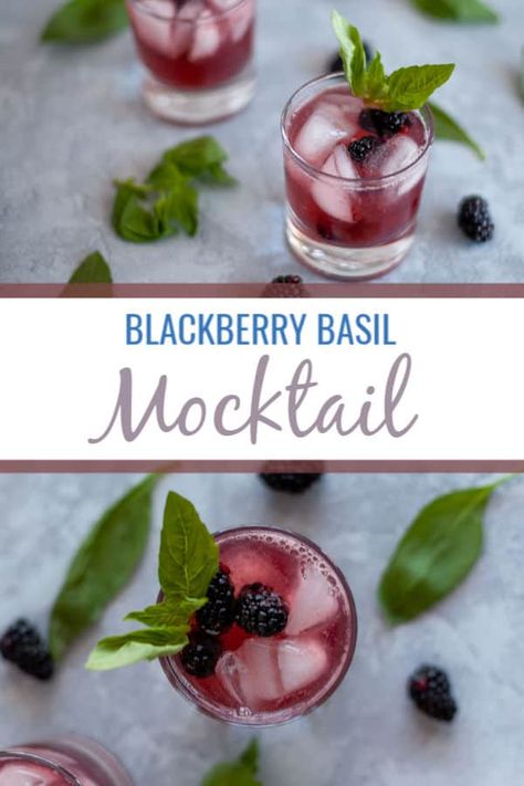 Non Alcoholic Gin Recipe, Blackberry Lime Mocktail, Blueberry Basil Mocktail, Mocktail With Basil, Blackberry Basil Cocktail, Elderberry Mocktail, Basil Drinks Nonalcoholic, Blackberry Basil Mocktail, Woodland Mocktails