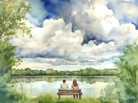 Watercolor Paintings Couple Love, Watercolour Couple Painting, Watercolor Painting Love, Couple Landscape Painting, Cute Couple Watercolor Painting, Romantic Landscape Painting, Watercolor Couple Art, Watercolor Outdoors, Love Watercolor Paintings