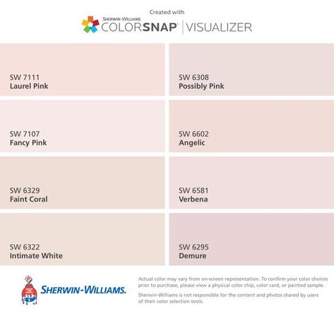 Sherwin Williams Demure Pink, Sherwin Williams Pale Pink Paint Colors, Sw Pink Paint Wall Colors, Faint Coral Sherwin Williams, Sherwin Williams Pale Pink, Gorgeous White Sherwin Williams, Pink Sherwin Williams Paint, Charming Pink Sherwin Williams, Sw Intimate White