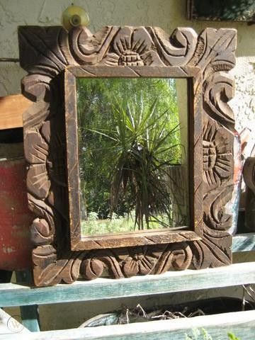 VINTAGE MEXICAN CARVED WOOD FRAMED MIRROR | #31583274 Wood Carved Picture Frames, Mexican Carved Wood Furniture, Wood Carved Mirror, Mexican Frame, Distressed Mirror Frame, Mexican Mirror, Mexican Mirrors, Hawthorn House, Hacienda Furniture