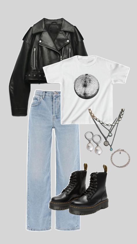 Leather jacket with leather dr martens disco print shirt denim jeans silver jewellery ⭐️⭐️ Outfit Inspo Leather Jacket, Disco Print, Dr Martens Outfit, Jean Jacket Outfits, Disco Shirt, Stockholm Style, Cute Lazy Day Outfits, Leather Jacket Outfits, Lazy Day Outfits