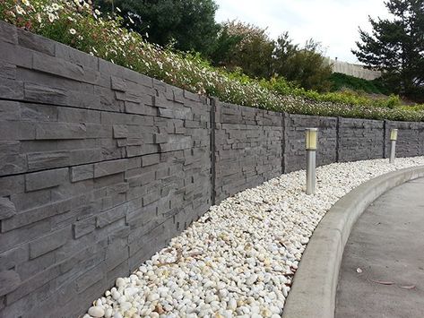 Concrete Sleeper Retaining Walls, Concrete Fence Wall, Pagar Modern, Sleeper Retaining Wall, Small Water Fountain, Concrete Sleepers, Compound Wall Design, Stone Fence, Concrete Retaining Walls