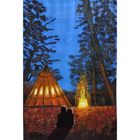 Couple painting, acrylic painting, fire, camping, art, artwork, tent, forest, scenery, stars, nature, nightsly, woods, vacation Tent Painting On Canvas, Simple Couple Painting Ideas, Acrylic Painting Couple, Camp Watercolor, Couple Acrylic Painting, Tent Painting, Camping Watercolor, Tent Drawing, Adventure Painting