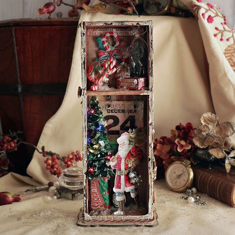 CHRISTMAS DIVIDED DRAWER - TIM HOLTZ IDEA-OLOGY CHRISTMAS 2021 - In My Own Imagination Tim Holtz Christmas, Chocolate Santa, Christmas Diorama, Tim Holtz Crafts, Christmas Shadow Boxes, Christmas Vignettes, Christmas Ephemera, Christmas Labels, Christmas Backdrops