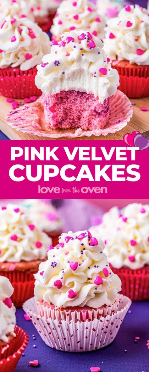 Pink Velvet Cupcakes • Love From The Oven Pink And Purple Cookies, Pink Velvet Cupcakes Box Cake Mixes, Pink Mini Cupcakes, Pink Cupcake Ideas, Pink Velvet Cookies, Purple Velvet Cupcakes, Sugary Desserts, Basic Buttercream Recipe, Girly Cupcakes