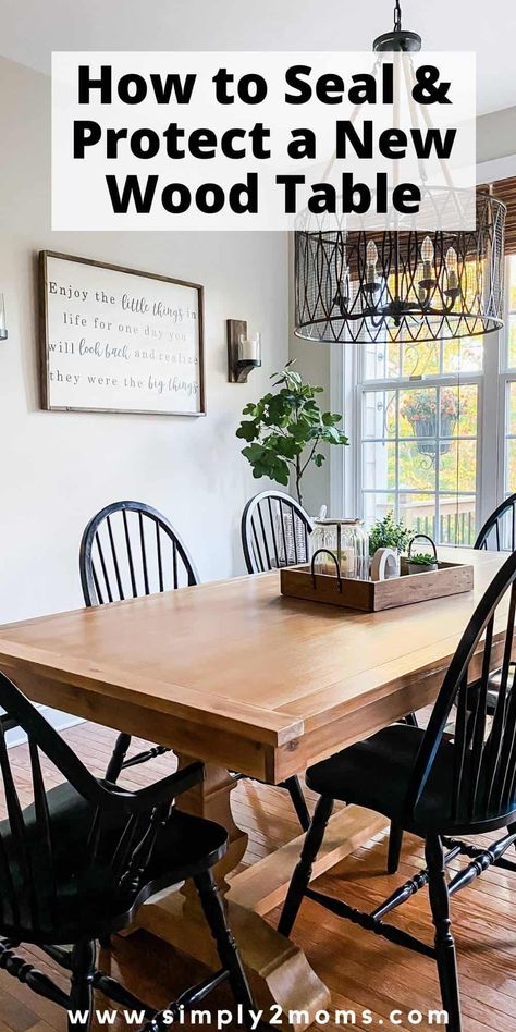 Learn the best way to seal a new wood table. Protect your investment from water stains and scratches with these easy steps. If your table doesn't have a high quality finish on it then you may want to add a top coat to protect it. Polyurethane can sometimes yellow your wood pieces however using a matte flat top coat by General Finishes will provide a beautiful finish while saving your wood table from stains. These steps can be used on any painted or stained wood furniture pieces to seal them. Stained Wood Furniture, Sealing Wood, Natural Wood Dining Table, Diy Kitchen Table, Stained Table, Kitchen Table Wood, General Finishes, Wood Table Top, Handmade Kitchens