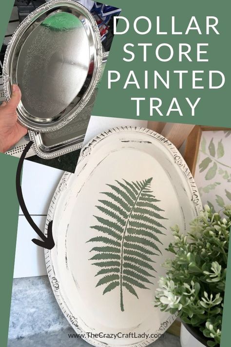 Grab a dollar store silver serving tray and get crafting. Watch this tutorial to see how to completely transform a serving platter with chalk paint and a stencil into a distressed botanical tray. Dollar Tree Serving Tray, Serving Tray Ideas, Silver Tray Decor, Silver Serving Tray, Silver Serving Trays, Plastic Serving Trays, Chalk Crafts, 5 Dollar, Painted Trays