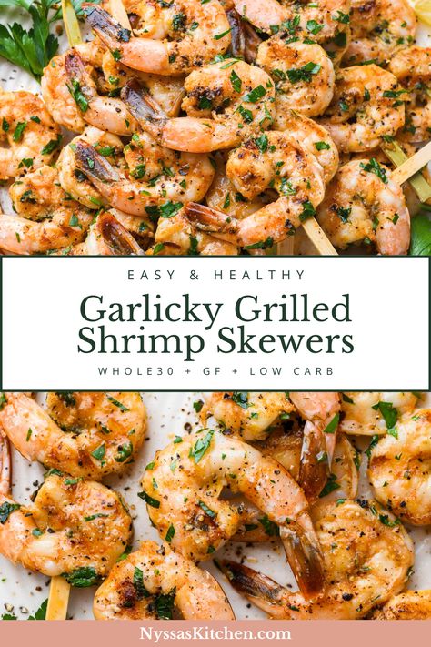 These garlicky grilled shrimp skewers are a super simple and flavorful recipe that is a delicious grilling staple! Made with large juicy shrimp, and a quick garlic and herb infused marinade, they are perfect for a weekend BBQ or an easy family dinner. Option for cooking in the oven included in blog post. Whole30 compatible, paleo, gluten free, dairy free, and low carb / keto. Seafood Healthy, Marinated Grilled Shrimp, Vegan Appetizer, Shrimp Kabobs, Grilled Shrimp Skewers, Baked Recipes, Dairy Free Soup, Grilled Shrimp Recipes, Juicy Shrimp