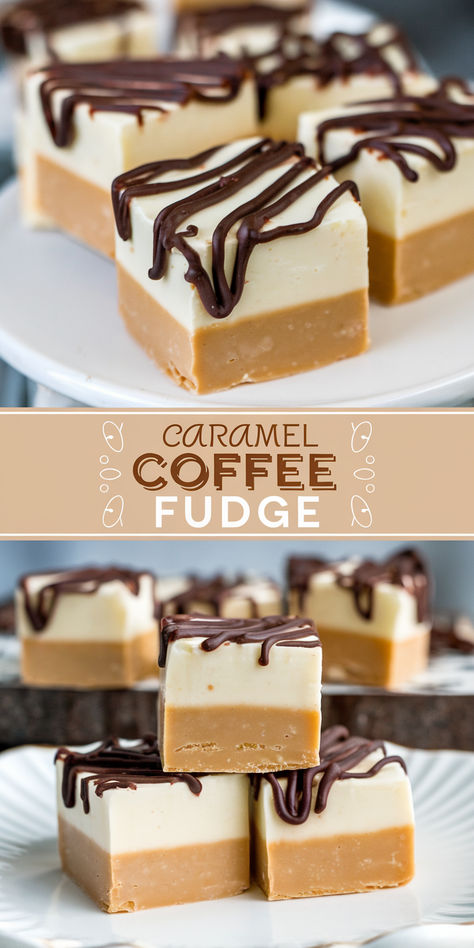 Chocolate adds a fun flair to this Caramel Coffee Fudge. The caramel and coffee layers are easy to make and it tastes like a caramel latte. Carmel Coffee Fudge, Caramel Coffee Fudge, Coffee Fudge Recipes, Caramel Fudge Recipe, Chocolate Caramel Fudge, Coffee Fudge, Fudge Shop, Easy Caramel, Salted Caramel Fudge