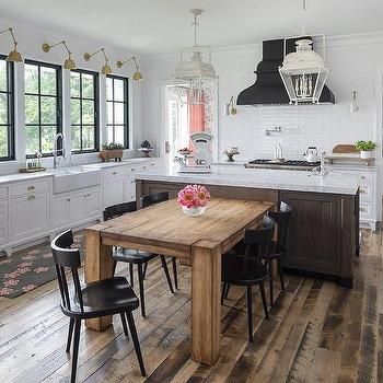 Chunky Dining Table and Black Chairs Next to Island T Shaped Kitchen Island, Chunky Dining Table, Unique Kitchen Island, Kitchen Renovation Diy Ideas, Traditional Kitchen Island, Kitchen Island Dining Table, Black Chairs, Kitchen Island Ideas, Island Table