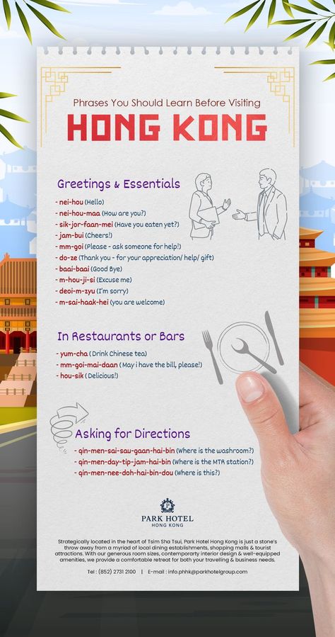 Here are some essential Cantonese phrases you must learn before visiting Hong Kong to stay connected with the local community and experience their culture & traditions. Start exploring the vibrant city as you enjoy your dream vacation at Park Hotel Hong Kong, located in close proximity to iconic tourist attractions. Hong Kong Travel Guide, Kwun Tong, Asia Trip, Tsim Sha Tsui, Hong Kong Hotels, Hong Kong Travel, Singapore Travel, Close Proximity, Travel Checklist